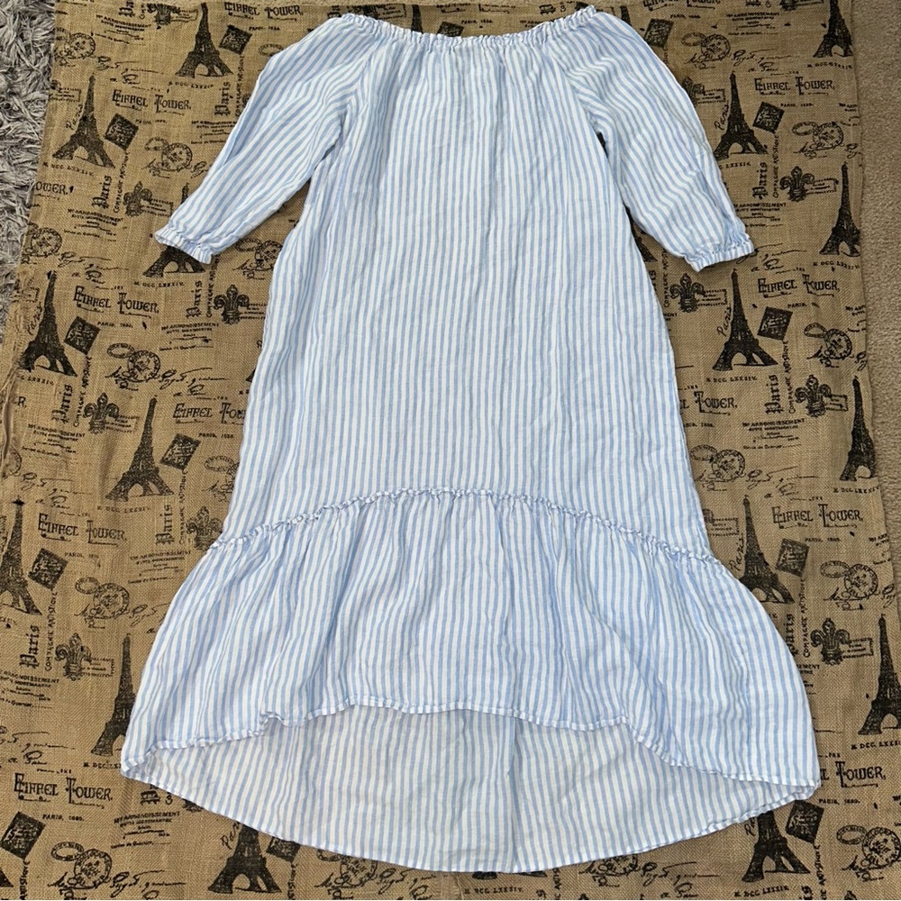 Saks Fifth Avenue 100% Linen Blue White 3/4 Sleeve Off Shoulder Maxi Dress - Picture 1 of 16